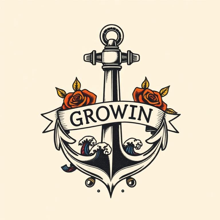 Traditional anchor tattoo with growth banner